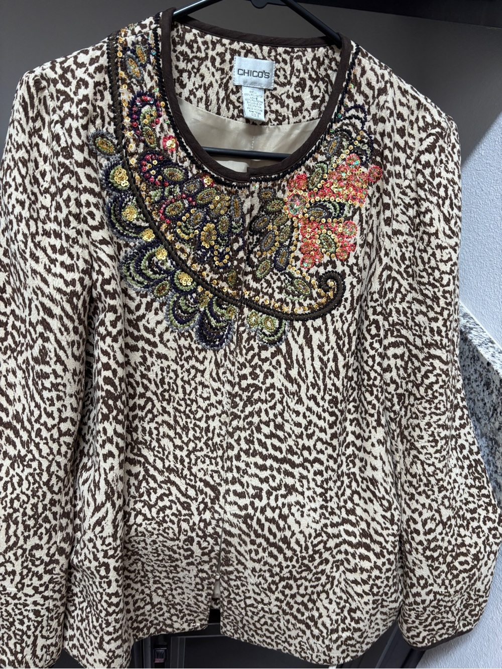Chico's Beige and Black Animal Print Long Sleeve Top with Beaded Neckline